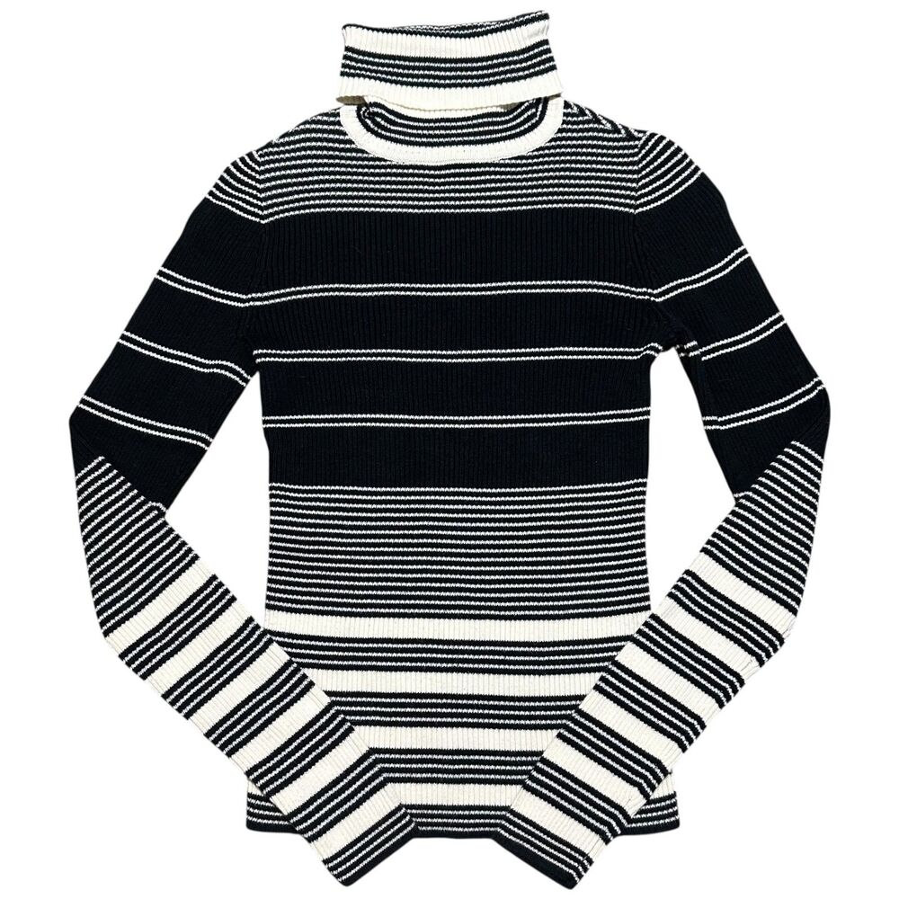 Vintage Gap Black & White Striped Ribbed Cotton Long Sleeve Turtleneck Sweater